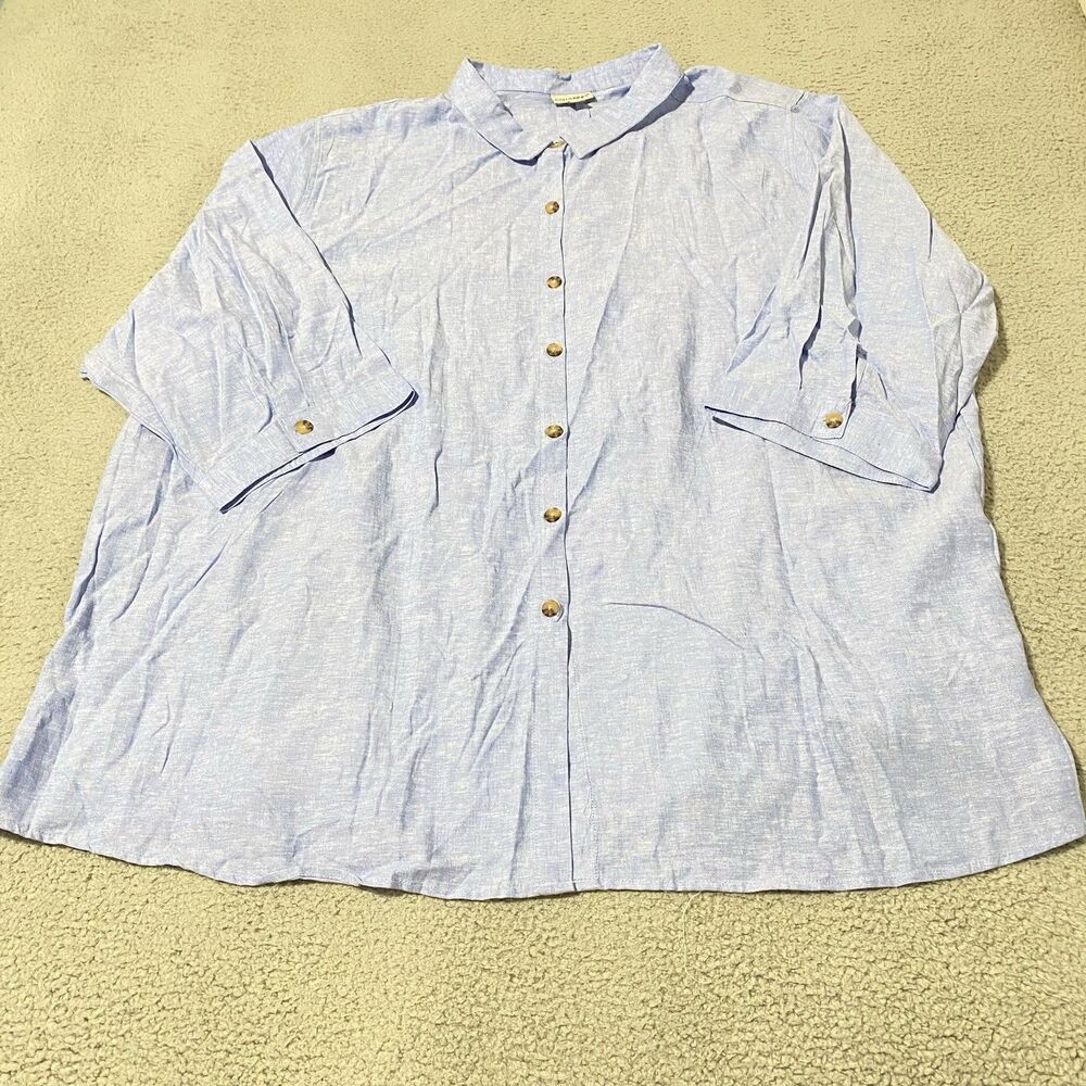 Catherines Top Women 6X Blue Linen Blend Blouse Button 3/4 Sleeve Mature Modest
